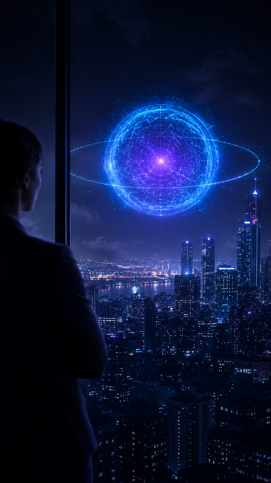 A professional looking out at the TrustChronos continuity orb above a nighttime cityscape